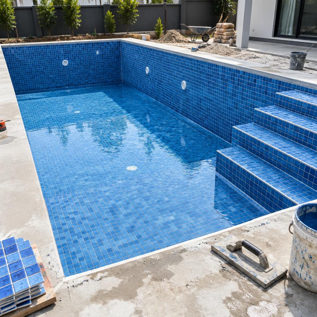 Imagem ilustrativa de piscina de alvenaria com revestimento azul